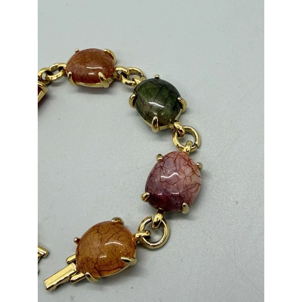 Liz Claiborne Acrylic Bracelet Gold Tone Link Multicolor Cabochon Chunky Vintage - Picture 4 of 13